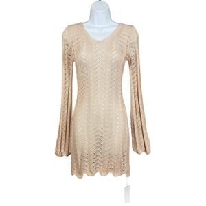 NWT Crochet Knit Mini Dress Open Back Bell Sleeve Boho Festival Small